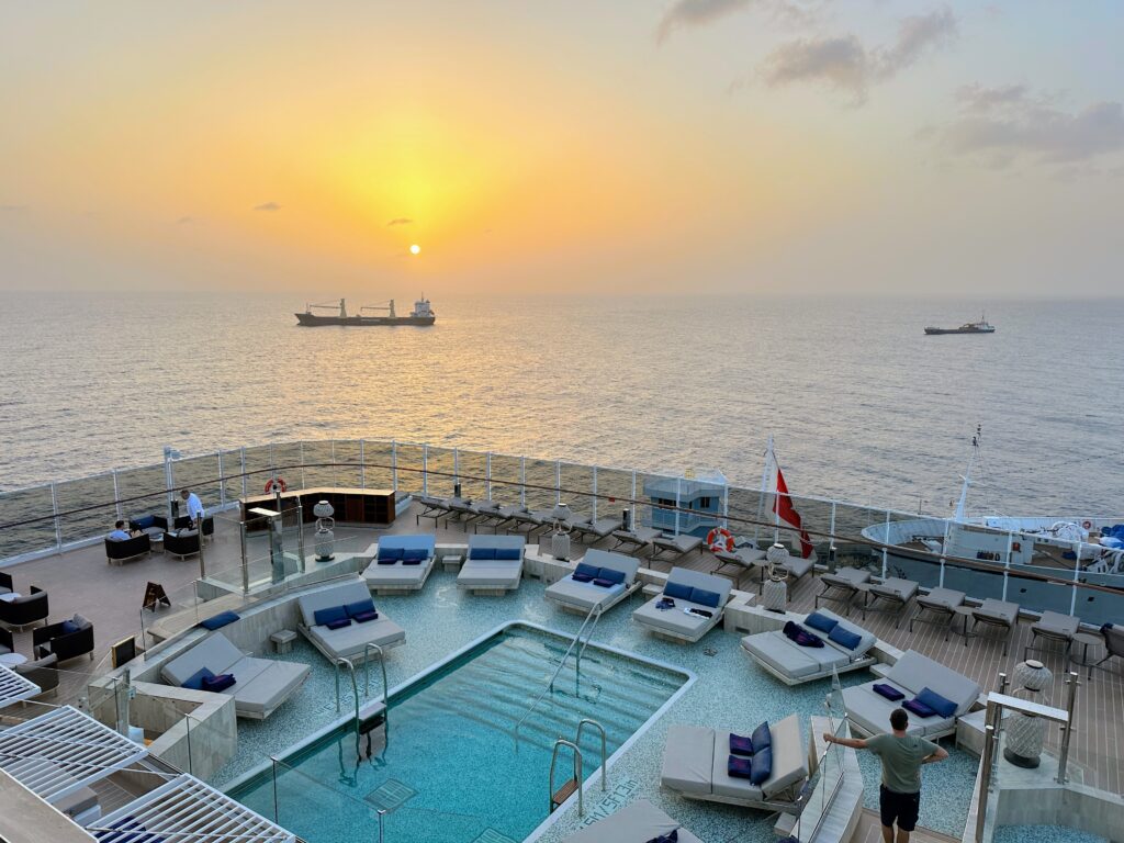 luxury Cruise ship aft pool sunset