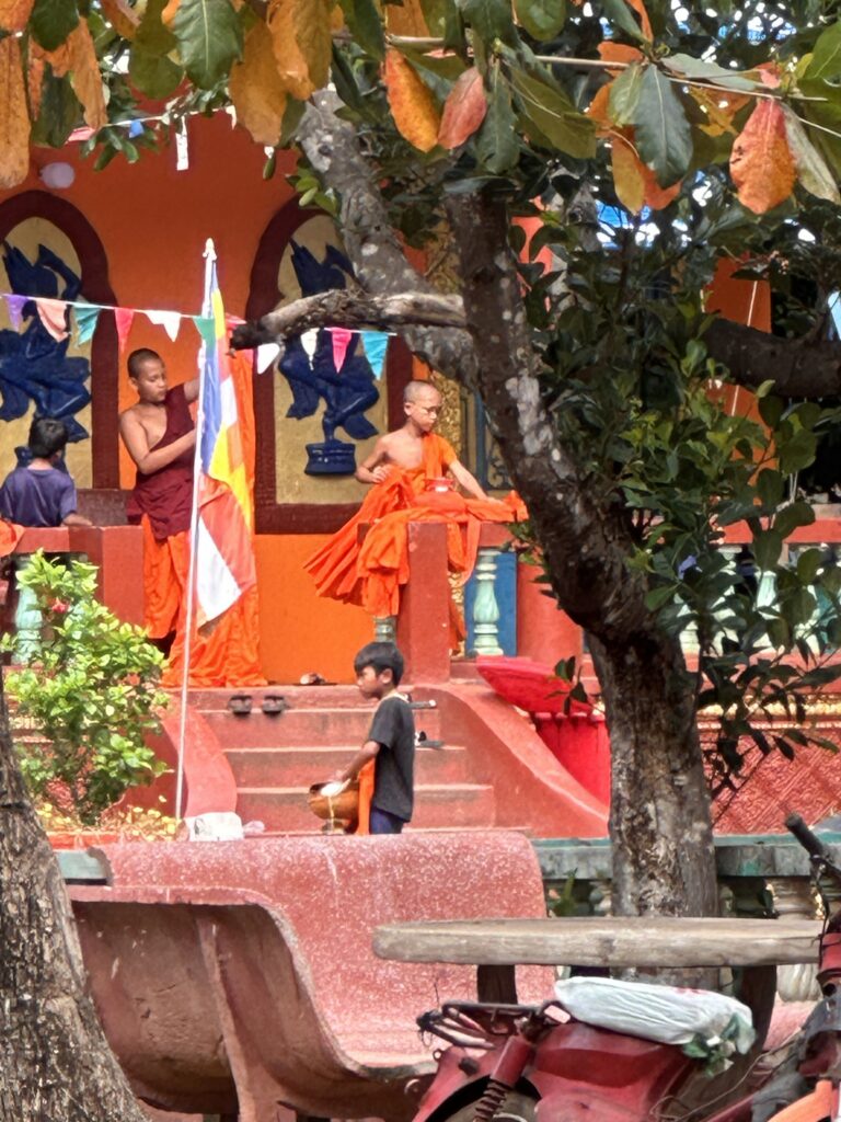 Mekong River Travel to Buddhist Temple with young monks